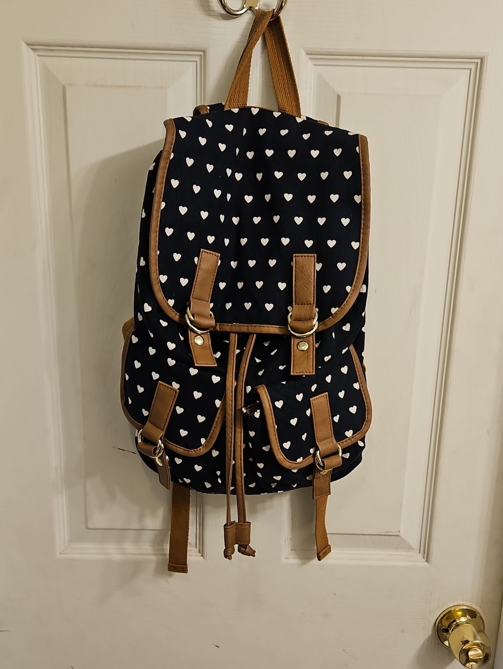 Heart Print Black Canvas Backpack with Tan Trim